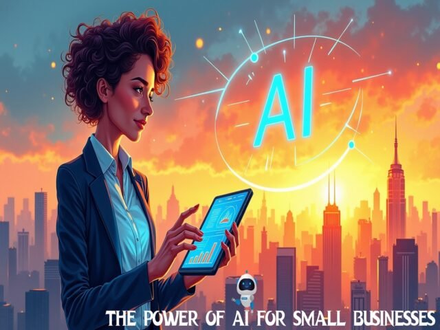 Woman using tablet with AI graphics, city skyline at sunset. Text: The Power of AI for Small Businesses.